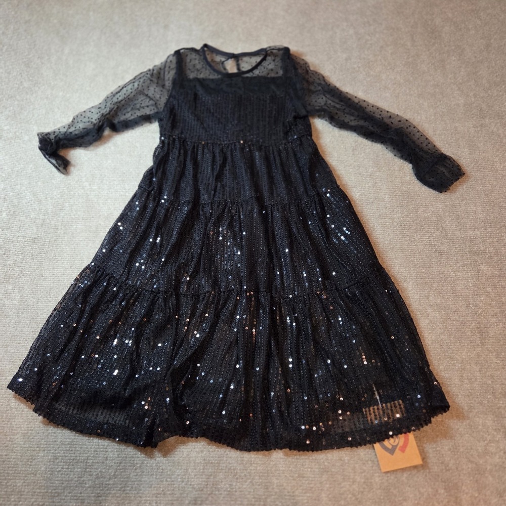 Welaken Girls Black Sequin Fit & Flare Long Dress 5Y Party Tulle Polka Dot